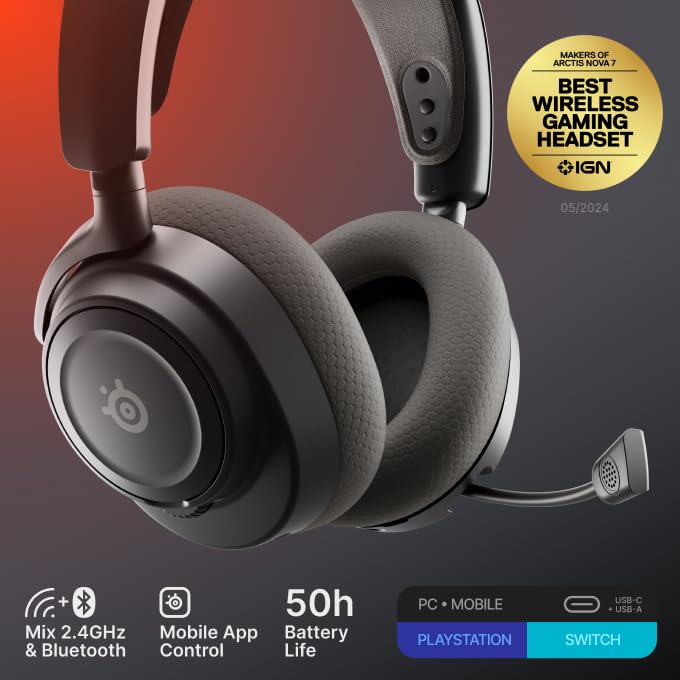 SteelSeries premium wireless headphones showing the retractable microphone extended for voice communication.