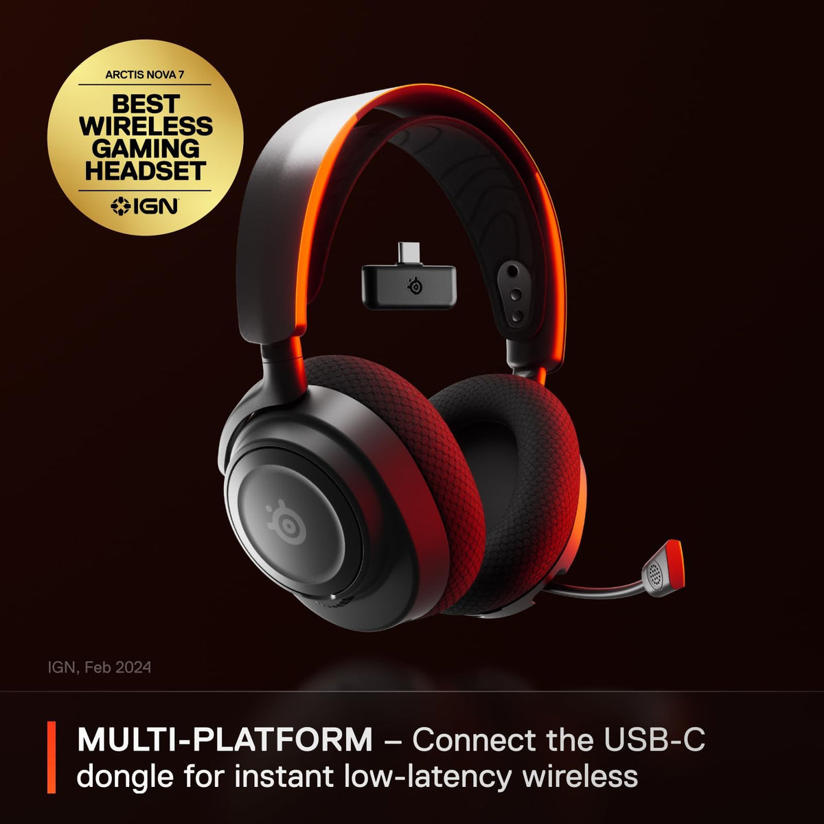 SteelSeries Arctis Nova 7 headset showing USB-C wireless dongle
