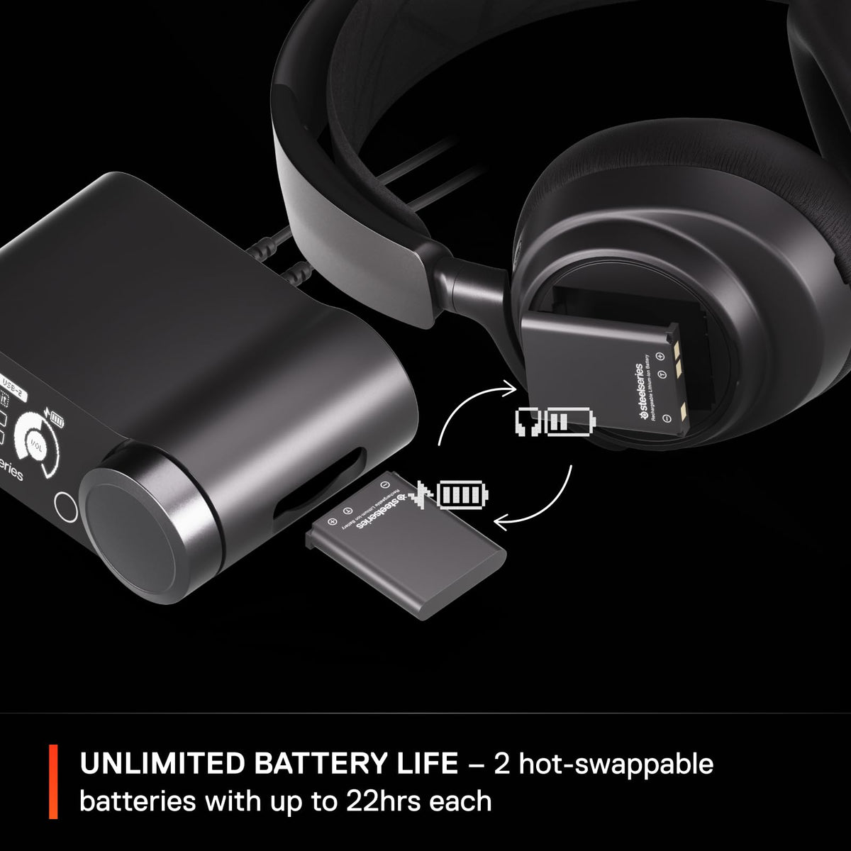 SteelSeries Arctis Nova Pro headset showing the magnetic battery compartment.