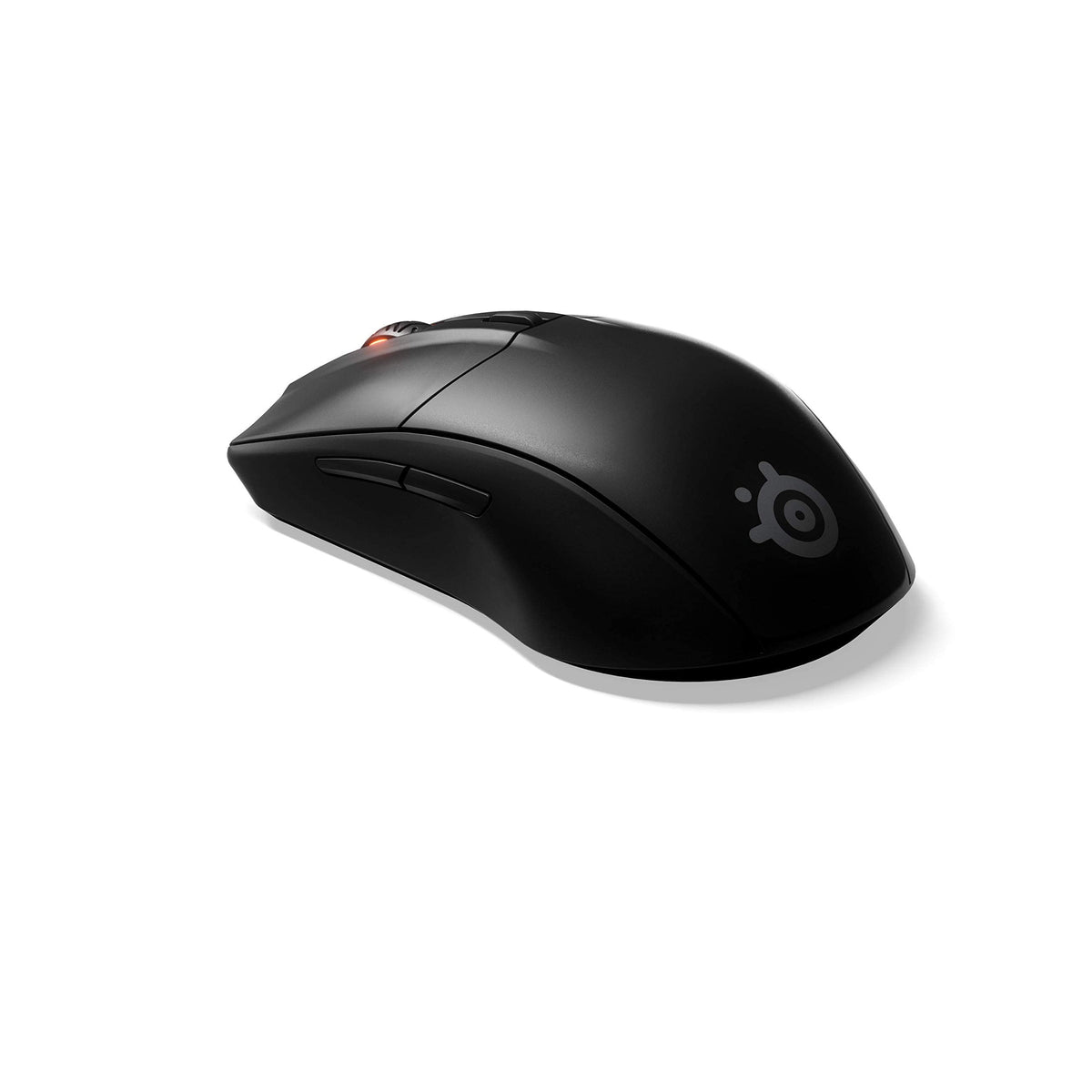 SteelSeries Rival 3 wireless mouse side profile highlighting the sleek thumb grip design