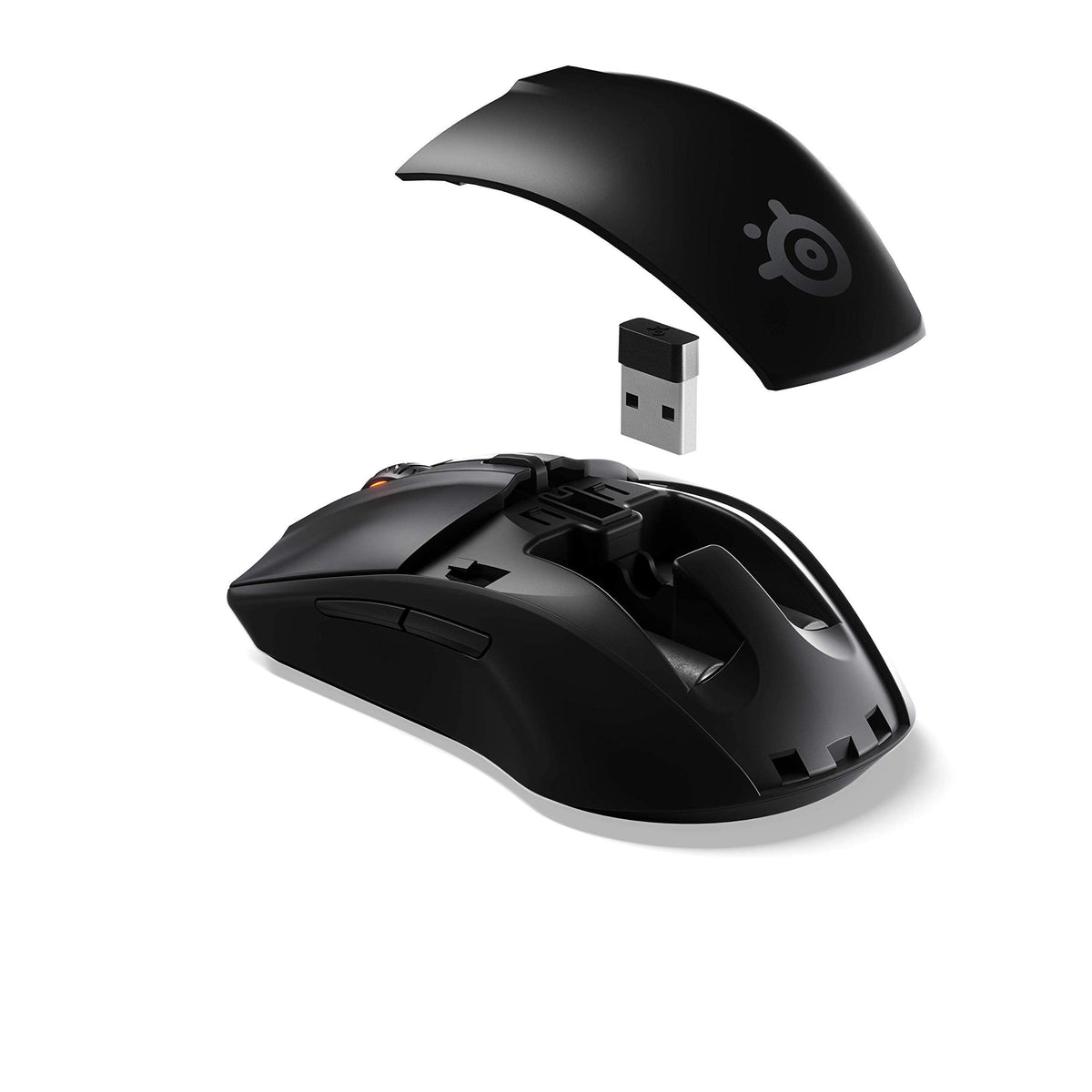 SteelSeries Rival 3 gaming mouse bottom view highlighting the TrueMove Air optical sensor and connection toggle switch