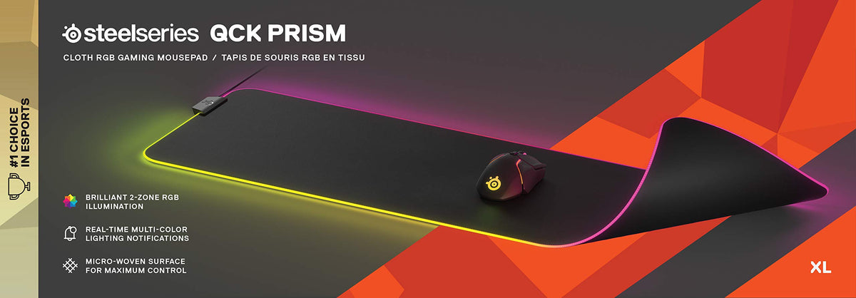 Angled view of the extra large dynamic RGB lighting strip integrated into the cloth mouse pad edge