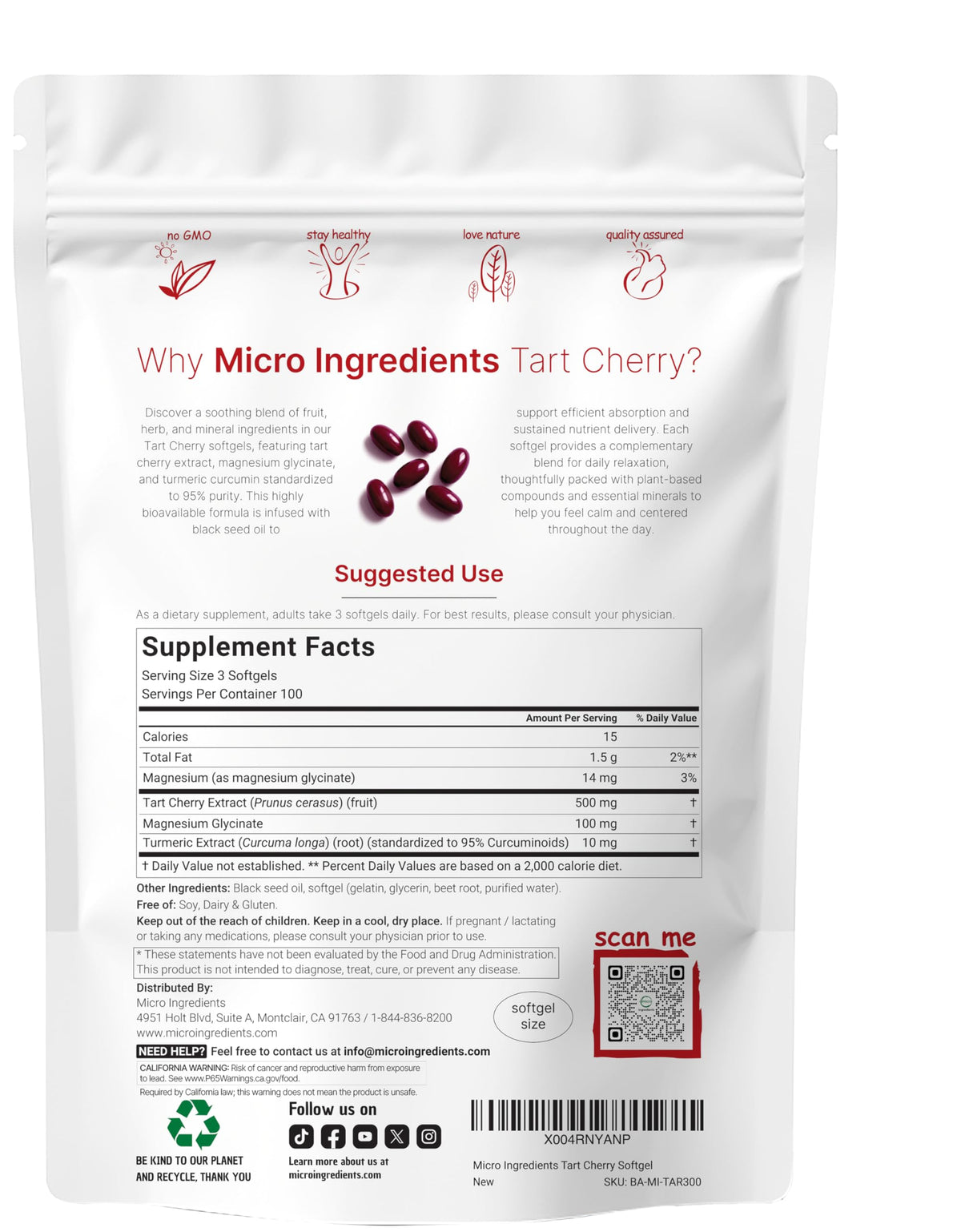 Micro Ingredients Tart Cherry supplement softgels nutritional label facts