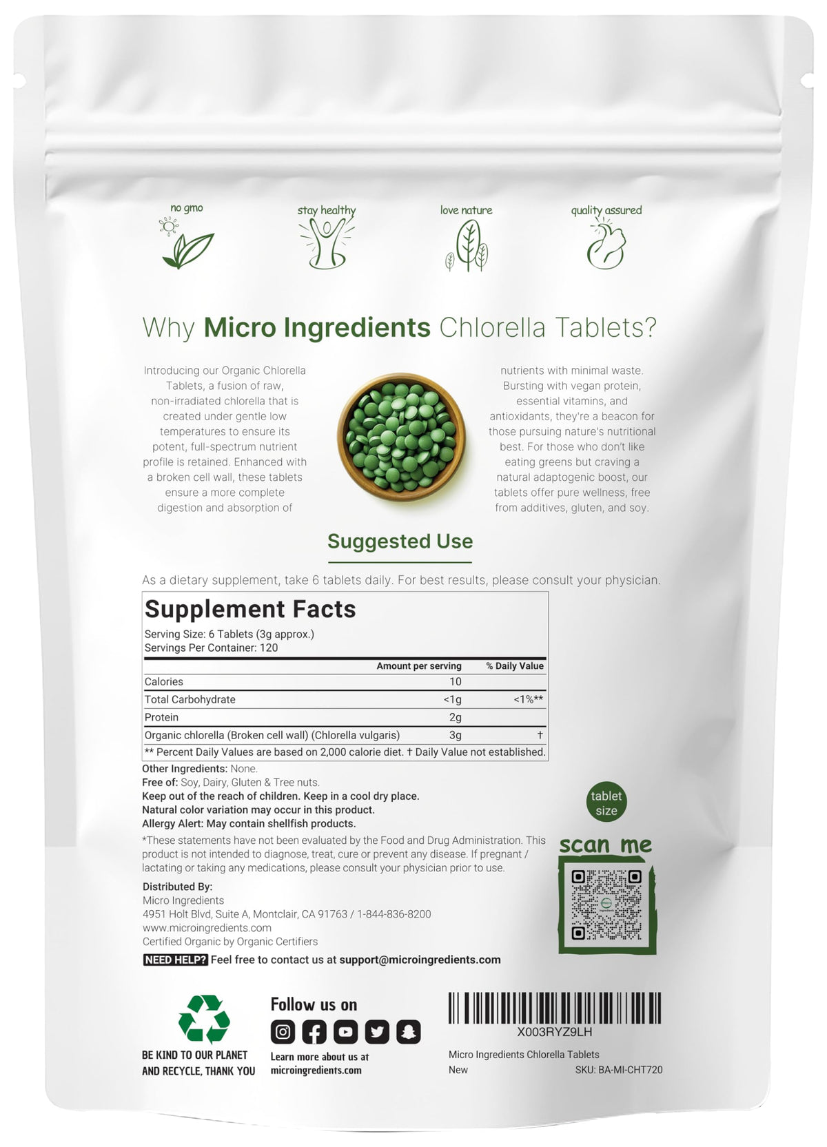 Close up of 500mg chlorella tablets nutrition label