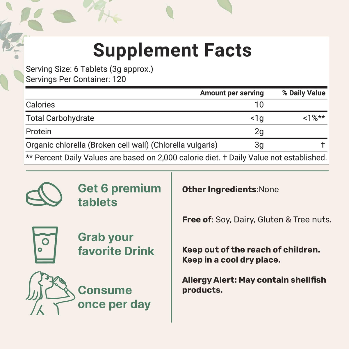 Back of Micro Ingredients chlorella bottle showing supplement facts