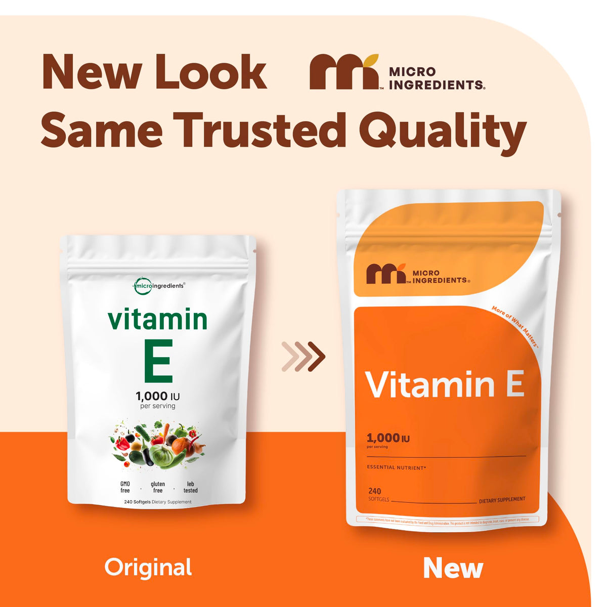 Micro Ingredients Vitamin E 240 softgels packaging display showcasing clean non-GMO labels.