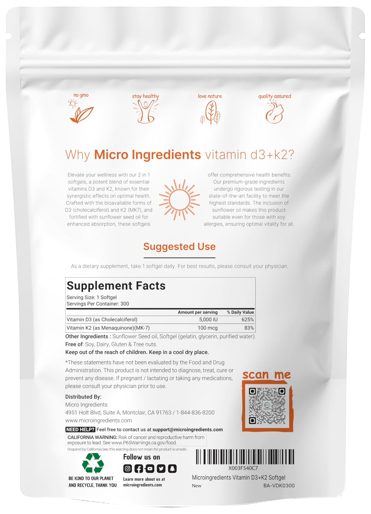 Micro Ingredients 2-in-1 bone and heart health supplement liquid softgels back ingredients label