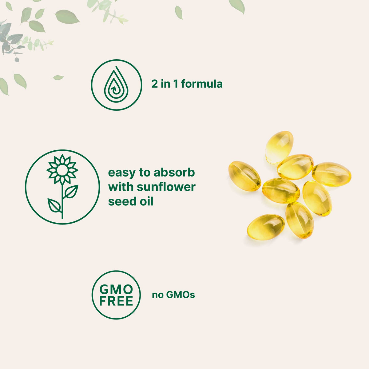 Premium USA imported Vitamin D3 and K2 MK-7 high potency mini softgels side angle view