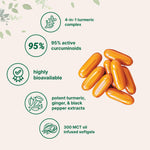 Micro Ingredients Turmeric Curcumin four in one formula icons highlighting ninety five percent curcuminoids and black pepper.
