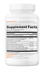 Side view of Micro Ingredients 1000mg turmeric curcumin bottle highlighting product certifications.