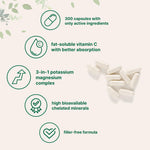 Back label view of potassium chloride and magnesium glycinate dietary supplement demonstrating pure allergy-free credentials