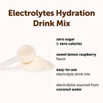 Scoop of lemon raspberry electrolyte drink powder being poured into a water bottle for workout recovery