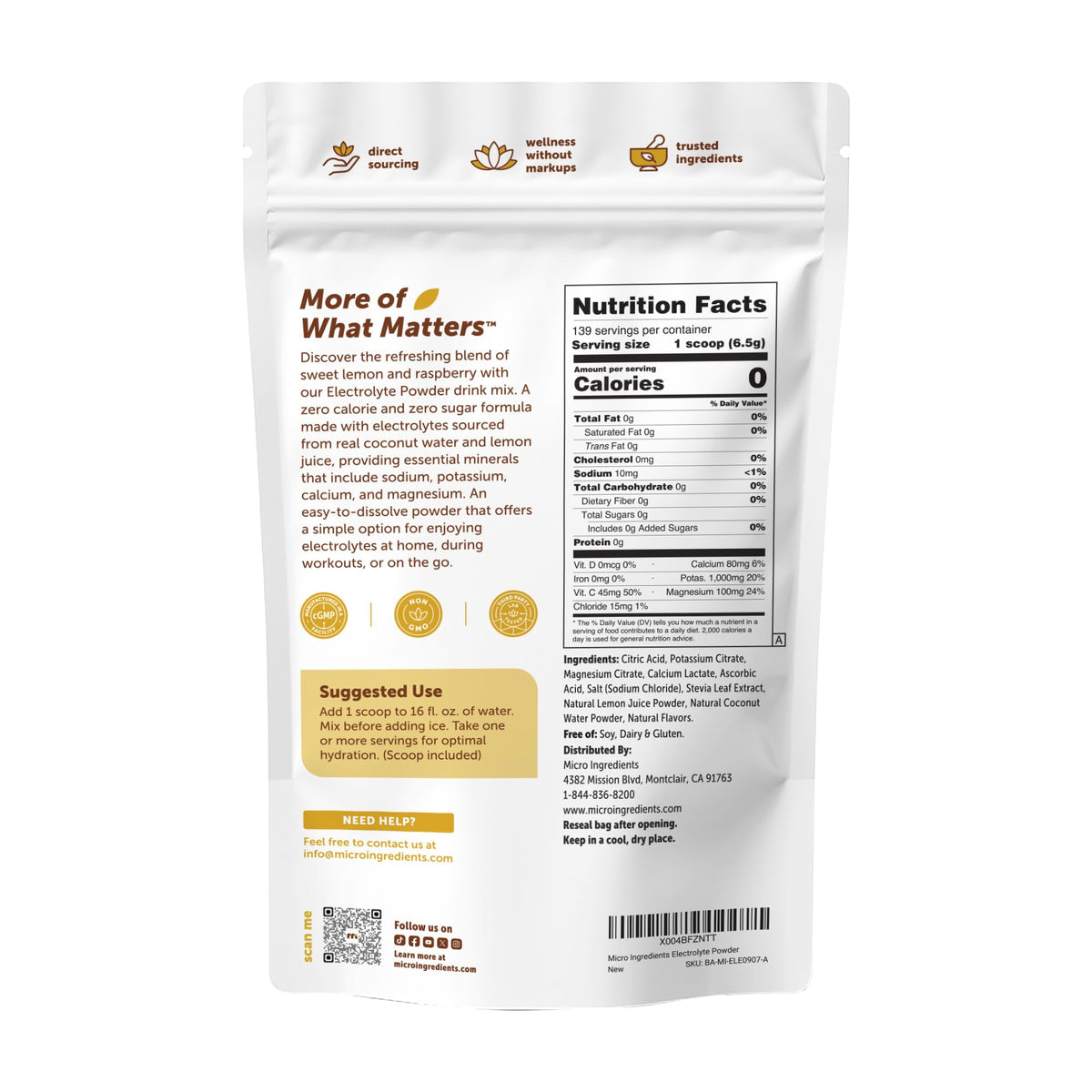 Micro Ingredients electrolyte mix showing non-GMO, dairy free, and gluten free certification badges