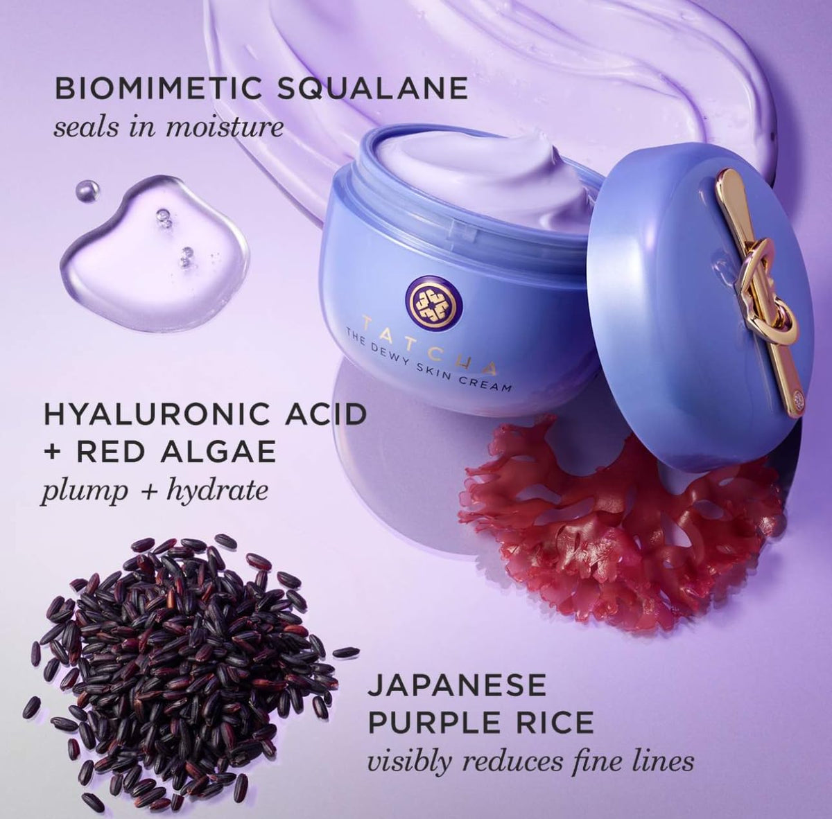 Tatcha plum and protect moisturizer jar with gold applicator spoon