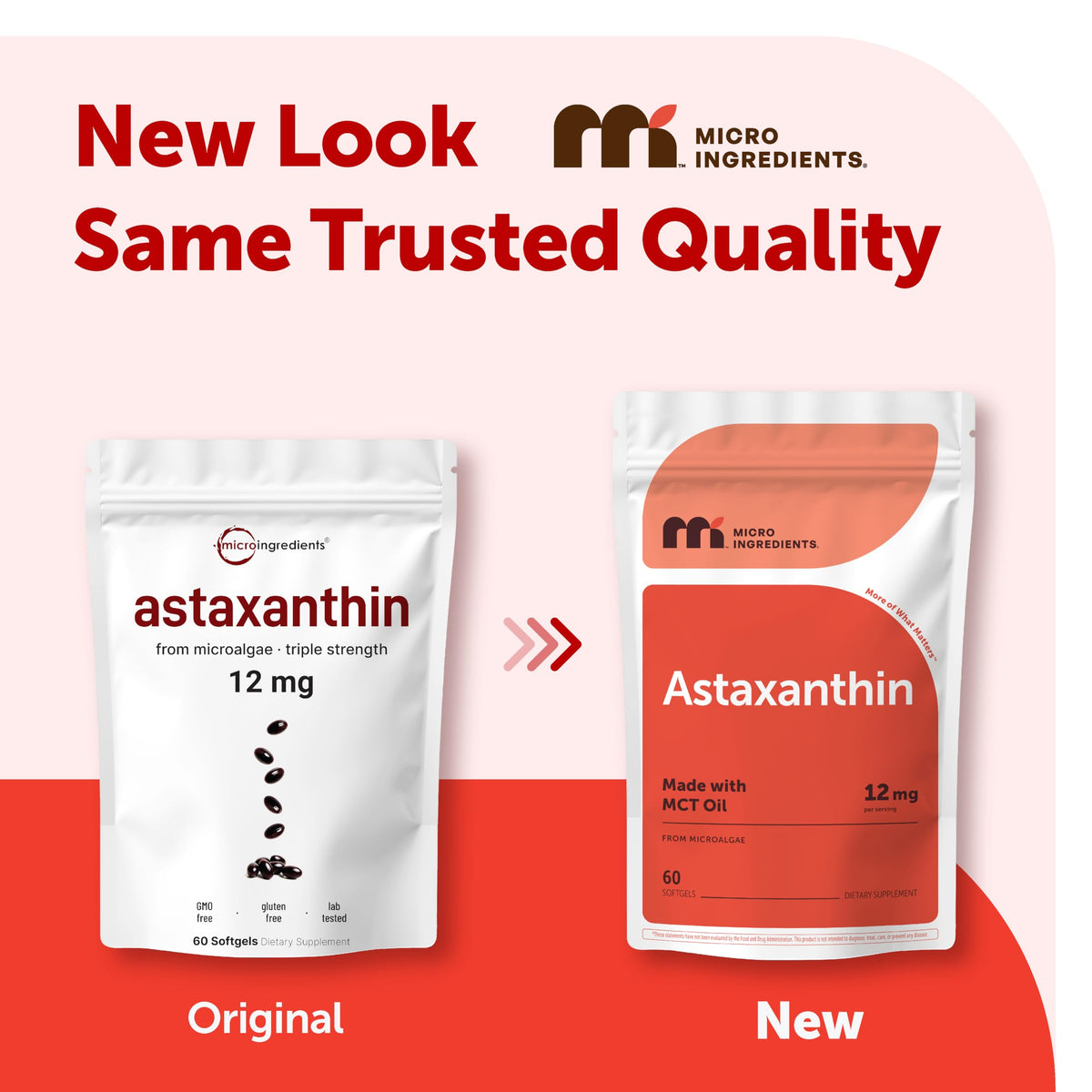 Micro Ingredients Astaxanthin 12mg supplement facts label showing pure microalgae extract ingredients