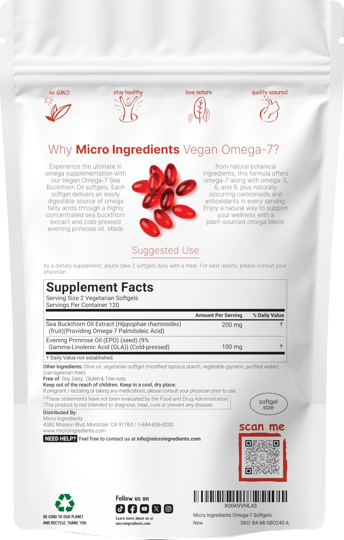 Micro Ingredients plant based Omega 7 supplement supplement facts label showing evening primrose oil ingredients.