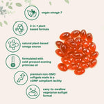 Micro Ingredients Omega 7 pouch highlighting the non GMO gluten free and carrageenan free certification badges.