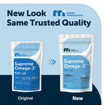 Micro Ingredients rTG Omega 3 fish oil dietary supplement bottle displaying natural lemon flavor and burpless softgel details.