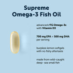 Side label view of Micro Ingredients Supreme Omega 3 fish oil capsules detailing the thirteen hundred milligram nutritional facts.