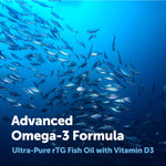 Close up of the non GMO and third party tested seals on the Micro Ingredients omega 3 with vitamin D3 softgels container.