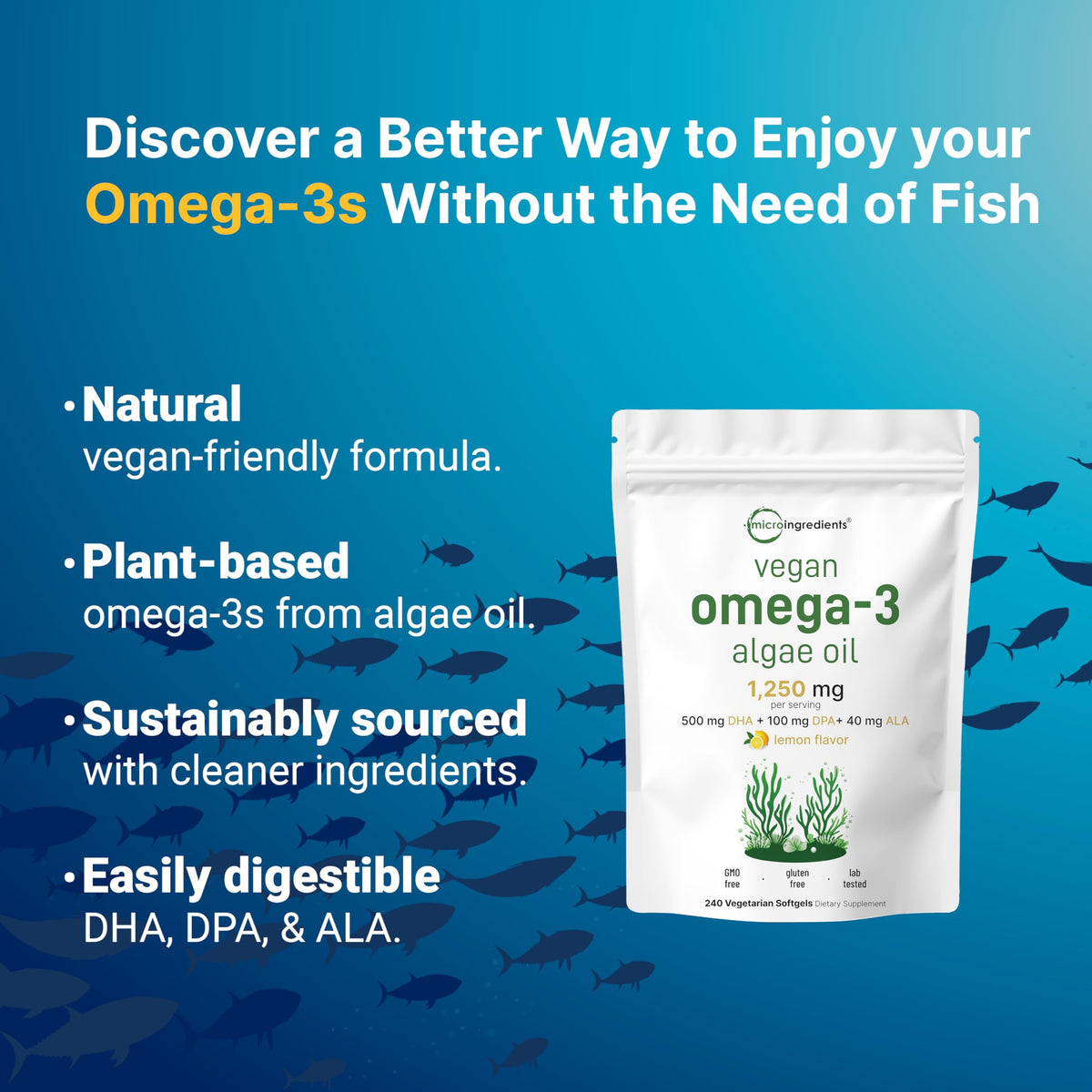 Back packaging of Micro Ingredients algae oil supplement showing dietary information