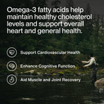 Momentous Omega 3 60 softgels dietary supplement packaging highlighting the 1 to 1 EPA and DHA ratio.