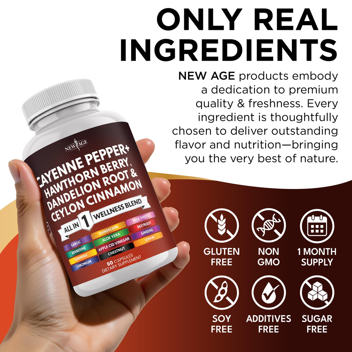 All in one premium herbal formula bottle from New Age showcasing standard capsule count