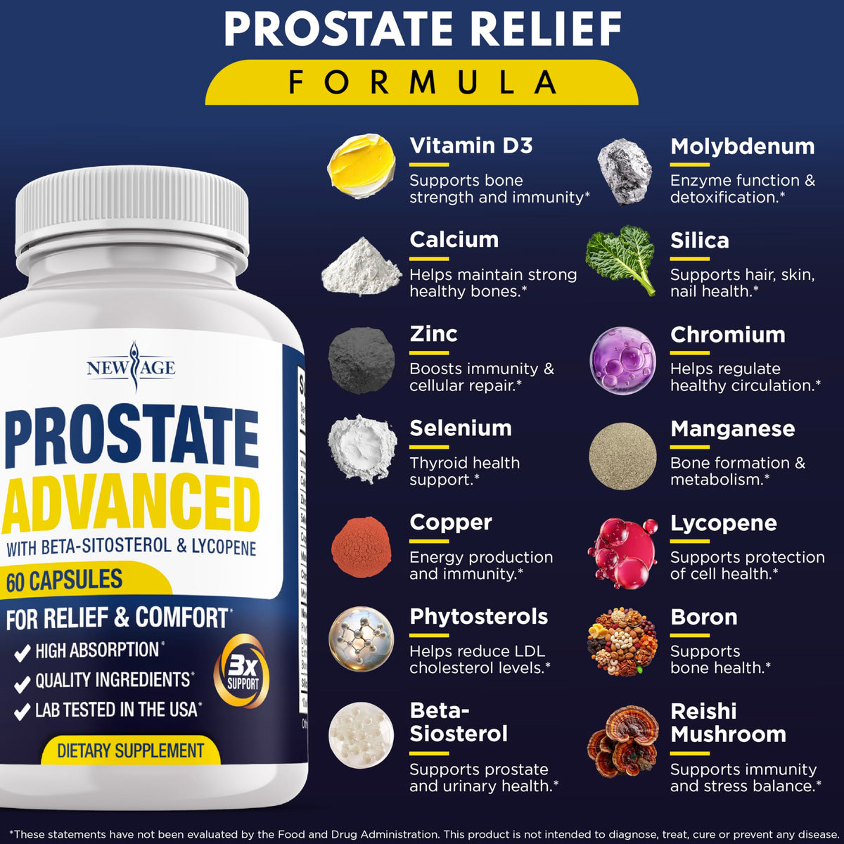 New Age Prostate Advanced capsules showing beta-sitosterol and lycopene ingredients.