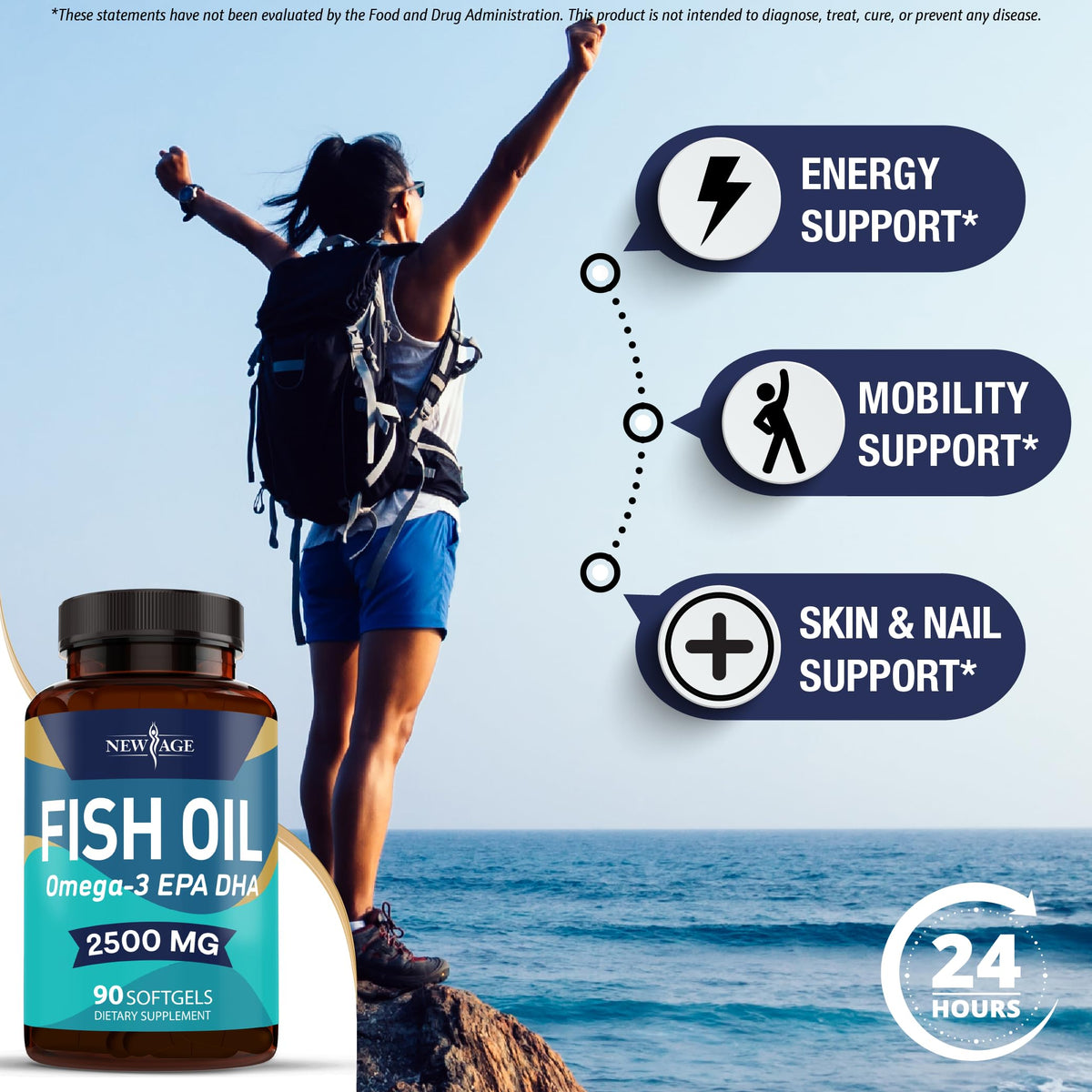 Two bottles of non-GMO New Age 90 softgels high potency fish oil for heart support.