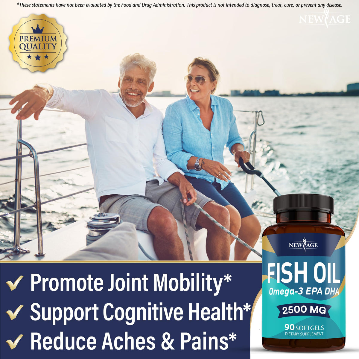 Close-up of New Age authentic USA imported joint and brain health fish oil softgels.