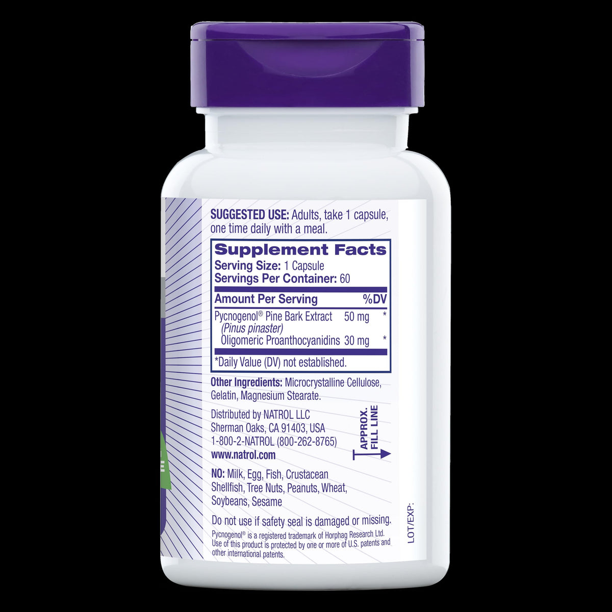 Secure cap view of Natrol Pycnogenol 50mg antioxidant protection dietary supplement.