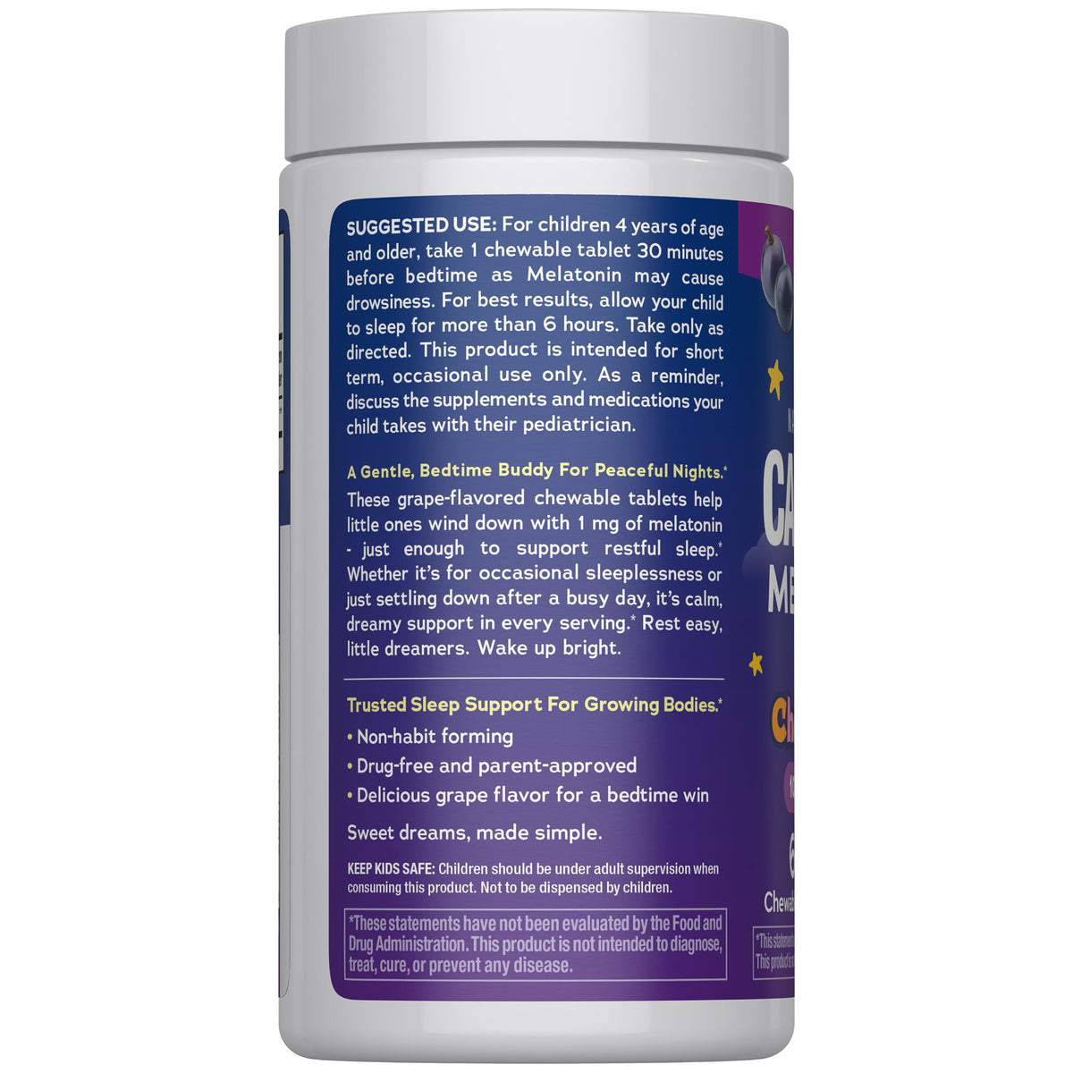 USA imported Natural Vitality melatonin for kids 1 milligram grape flavor bottle side view