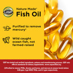 Mega size bottle of Nature Made 1200 milligrams purified fish oil dietary supplement.
