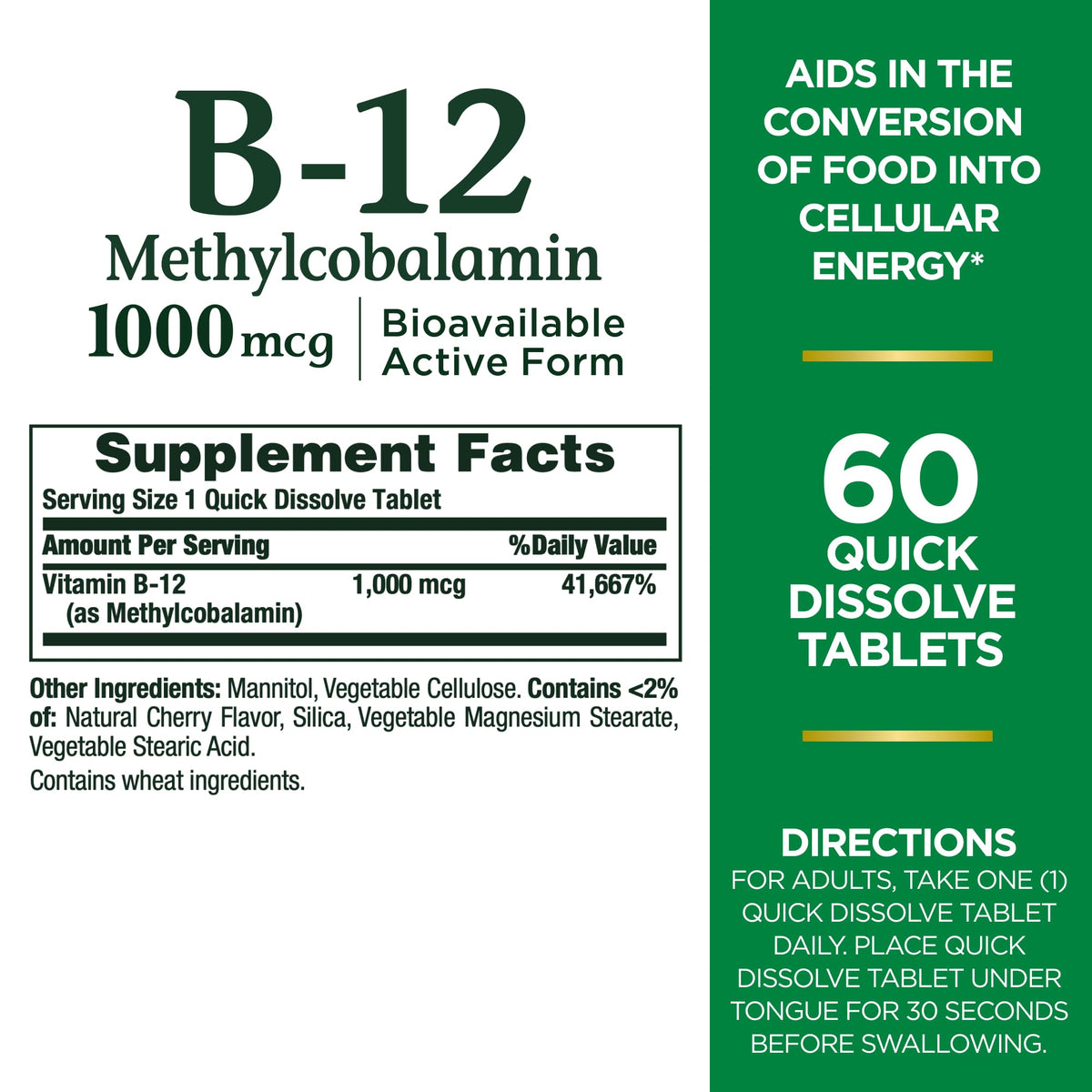 Nature's Bounty B12 sublingual tablets packaging label details