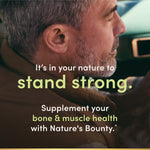 Close up of the nutritional facts table and ingredient list on the back of the Nature's Bounty calcium magnesium zinc caplets container