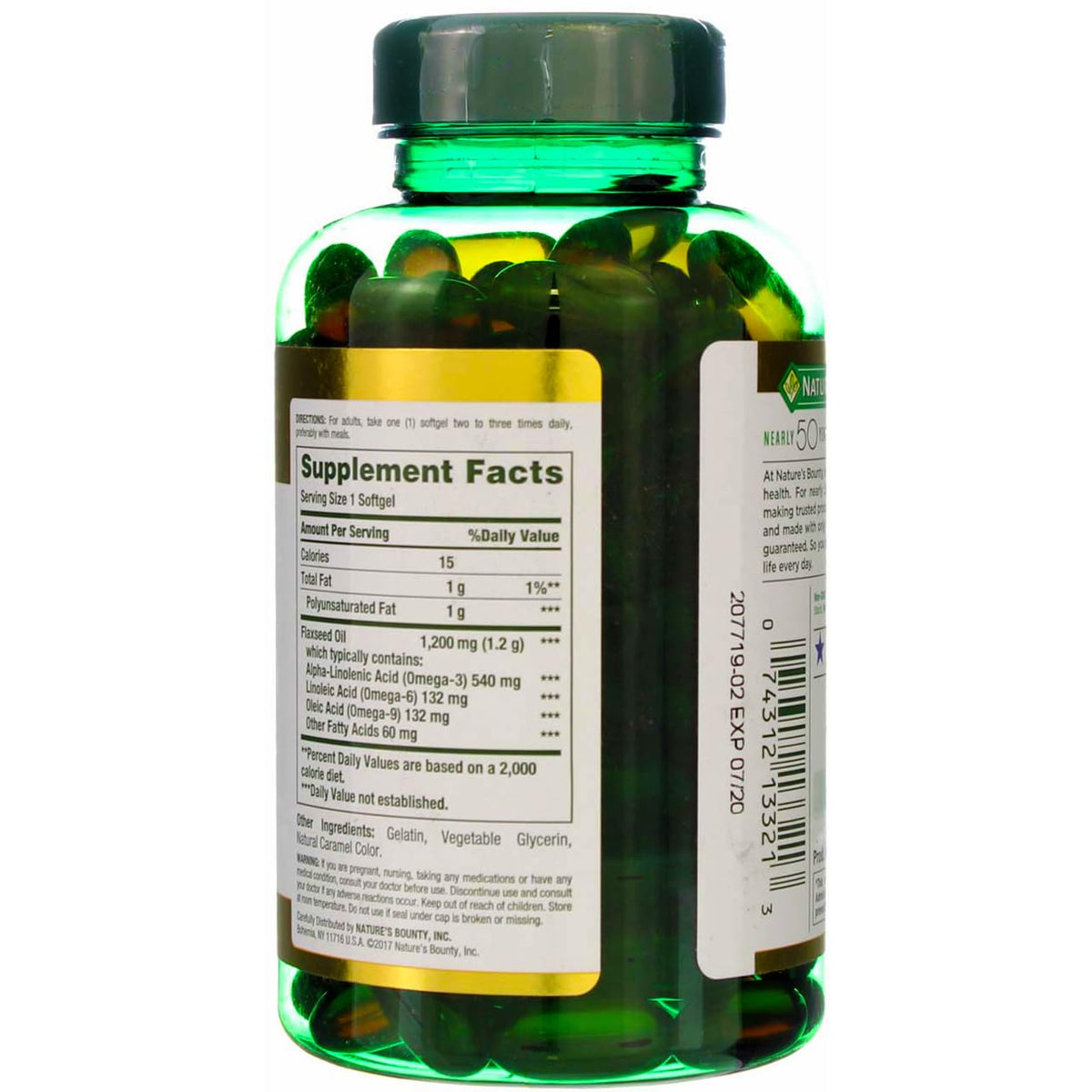 Authentic USA imported Nature's Bounty Flaxseed Oil supplements side panel