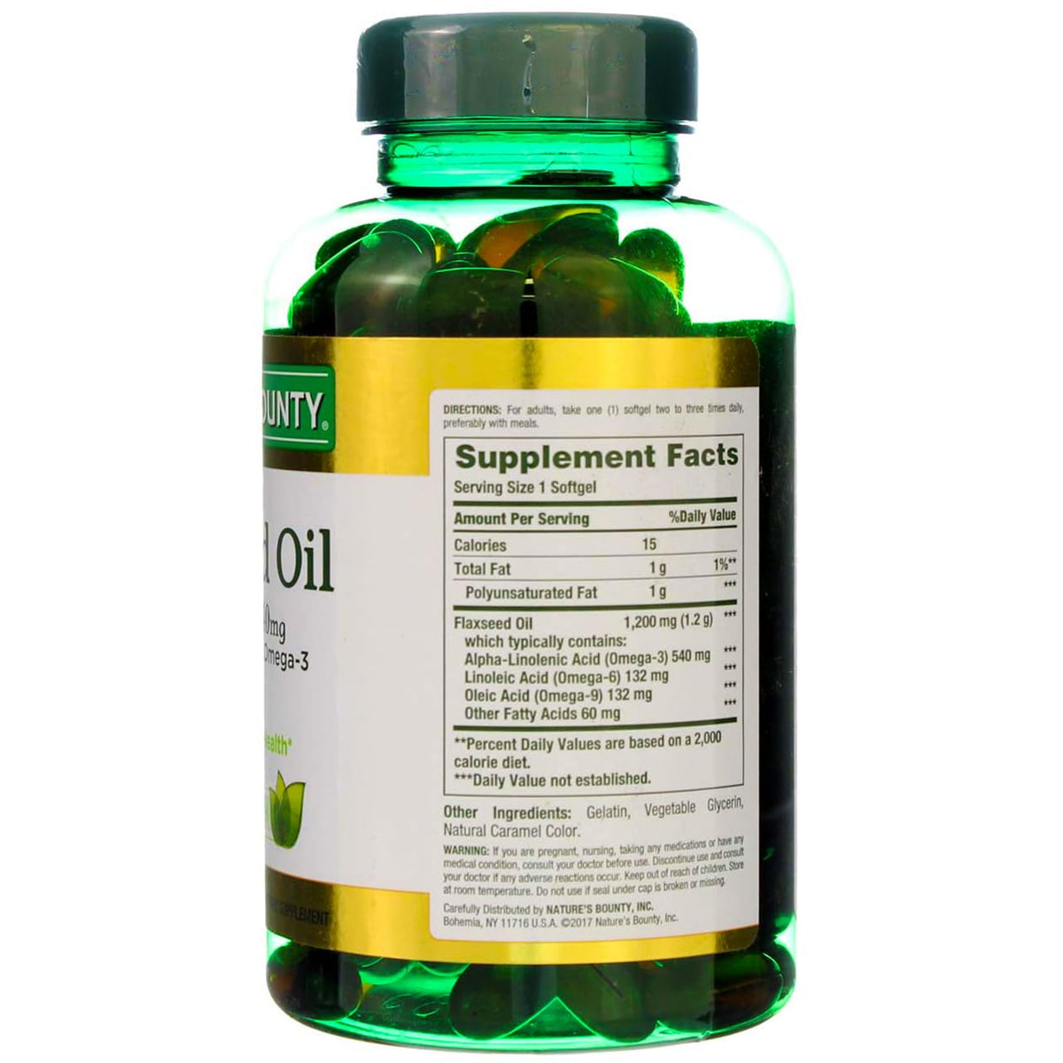 Nature's Bounty Omega-3 plant-based essential fatty acids softgels close up