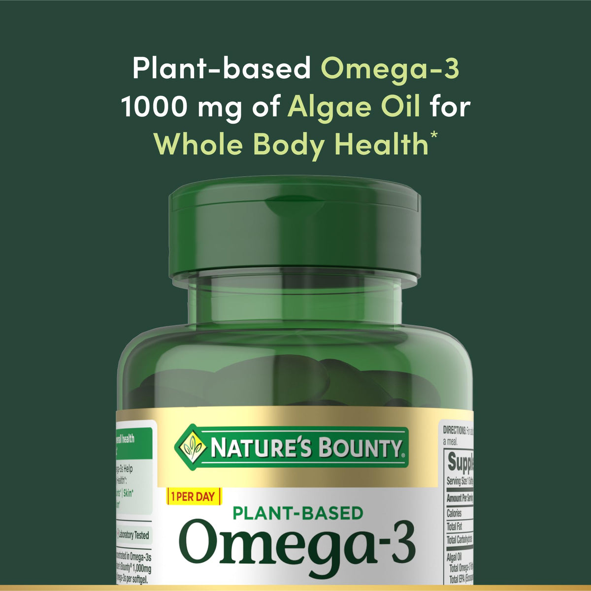Nature's Bounty whole body health plant based omega 3 thirty vegetarian softgels packaging showing clear product labels.