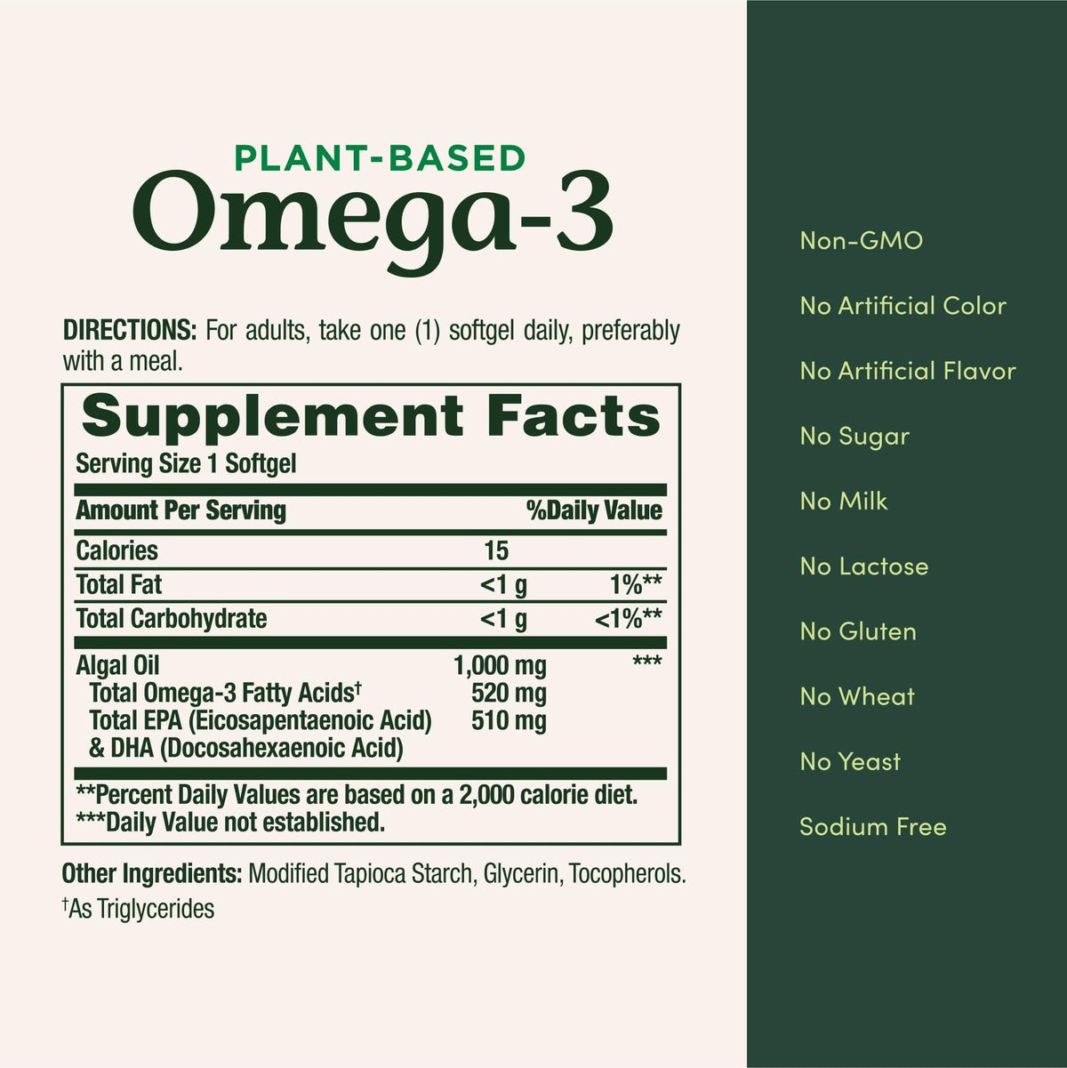 Nature's Bounty premium imported USA skincare and heart wellness plant based omega 3 bottle side panel.