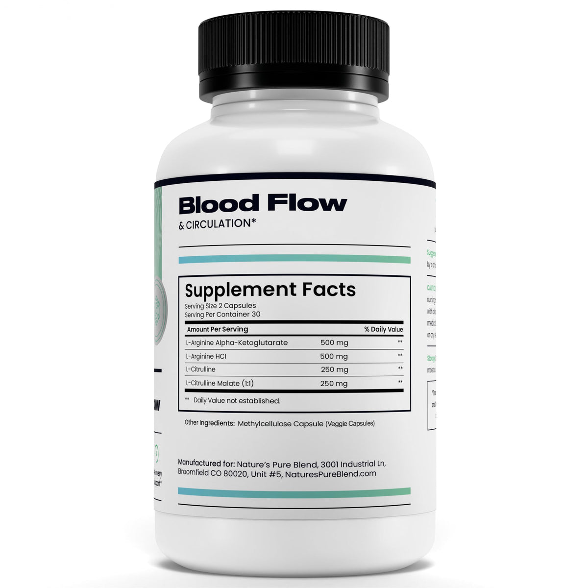 Nature's Pure Blend muscle recovery capsules showing container dimensions and serving size