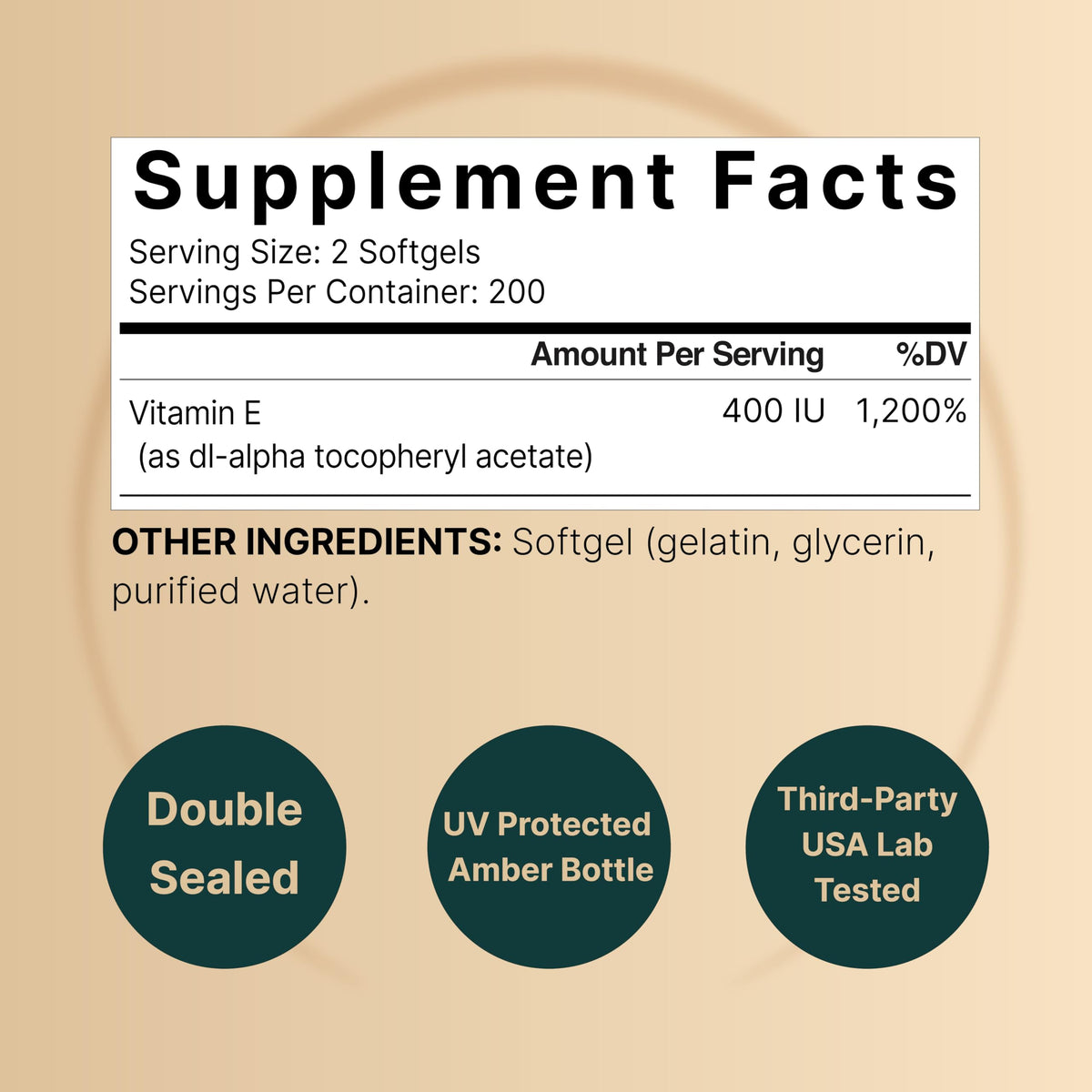 NatureBell Vitamin E liquid softgels supplement label facts displaying serving size details