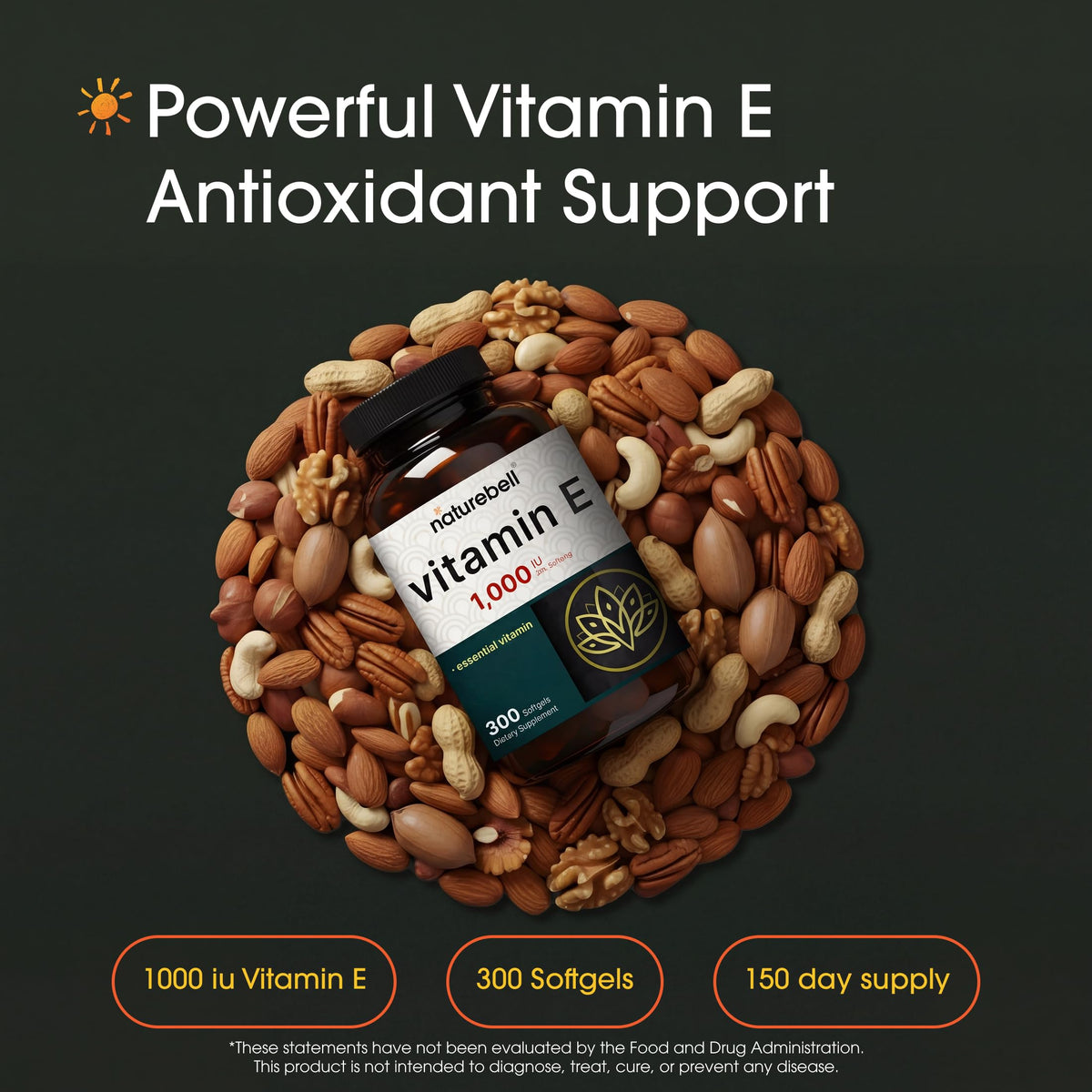 NatureBell Vitamin E supplement bottle back label displaying ingredients and high bioavailability details