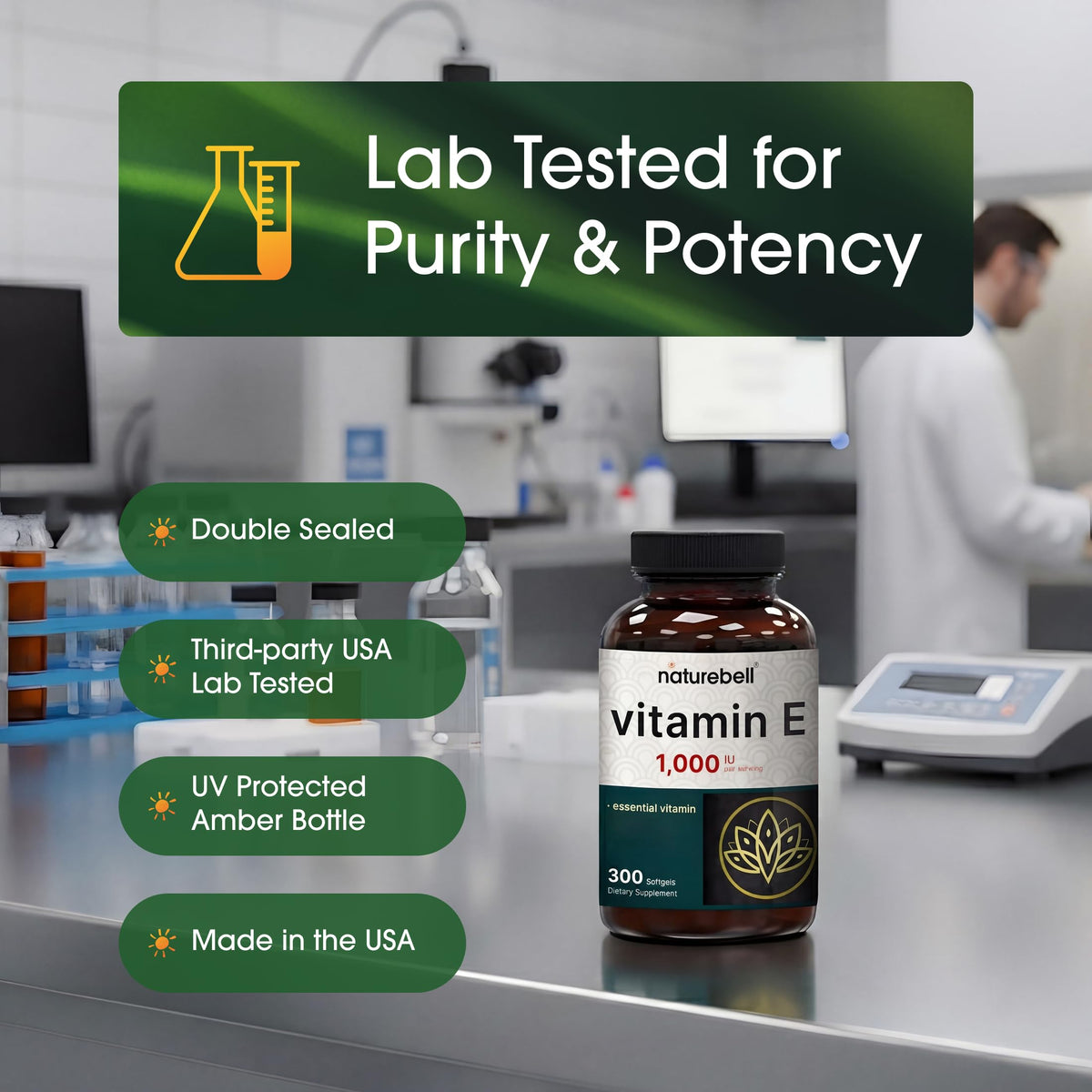Nutritional facts panel of NatureBell Vitamin E one thousand IU showing the non-GMO verified seal
