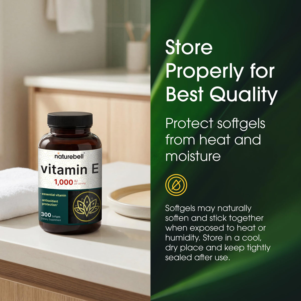 Side view of NatureBell Vitamin E 300 softgels bottle highlighting its gluten free and dairy free labels