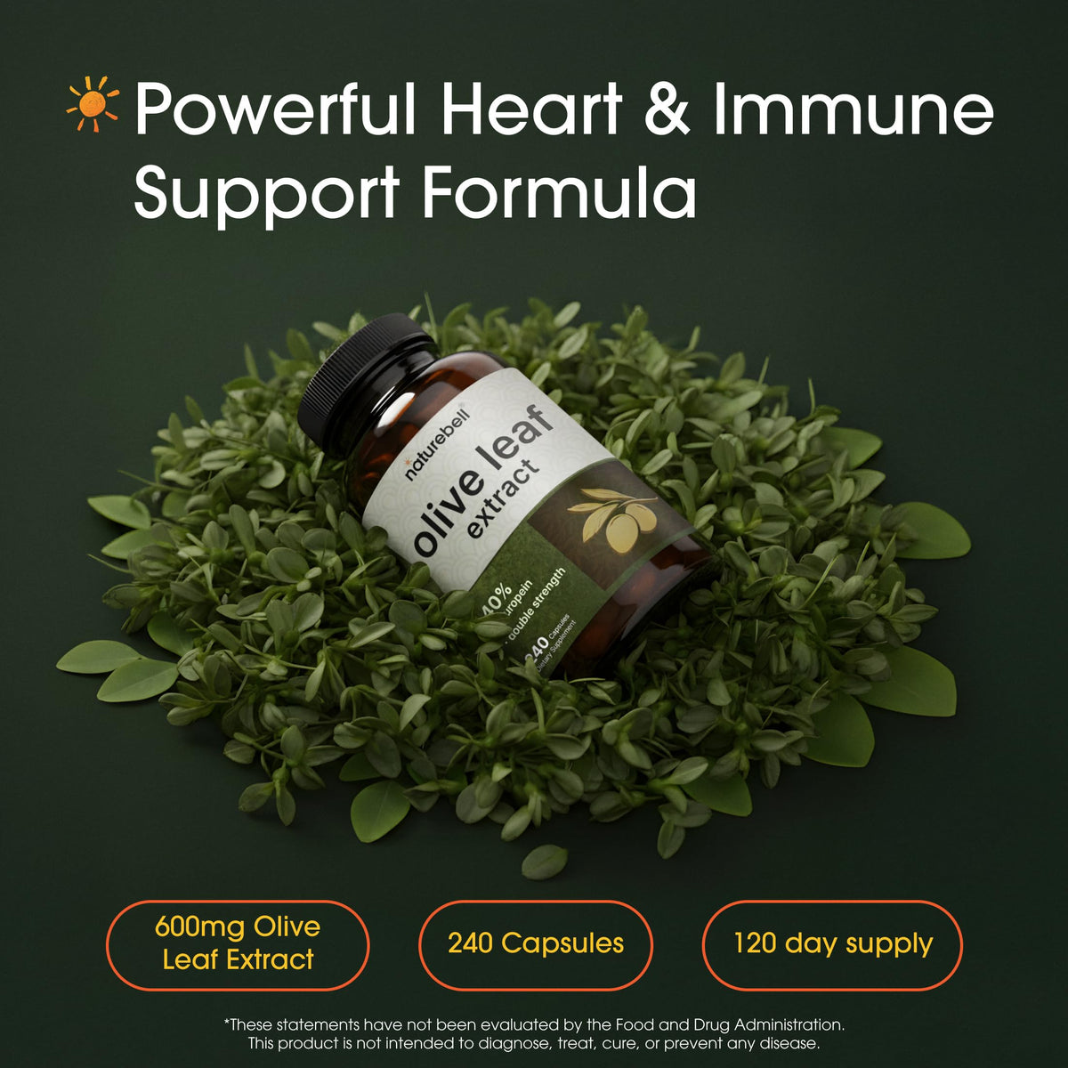 NatureBell organic olive leaf supplement bottle highlighting 40 percent active oleuropein concentration