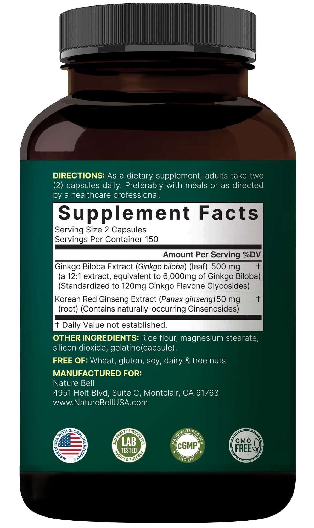 NatureBell Ginkgo Biloba 5 month supply premium nootropic bottle back view