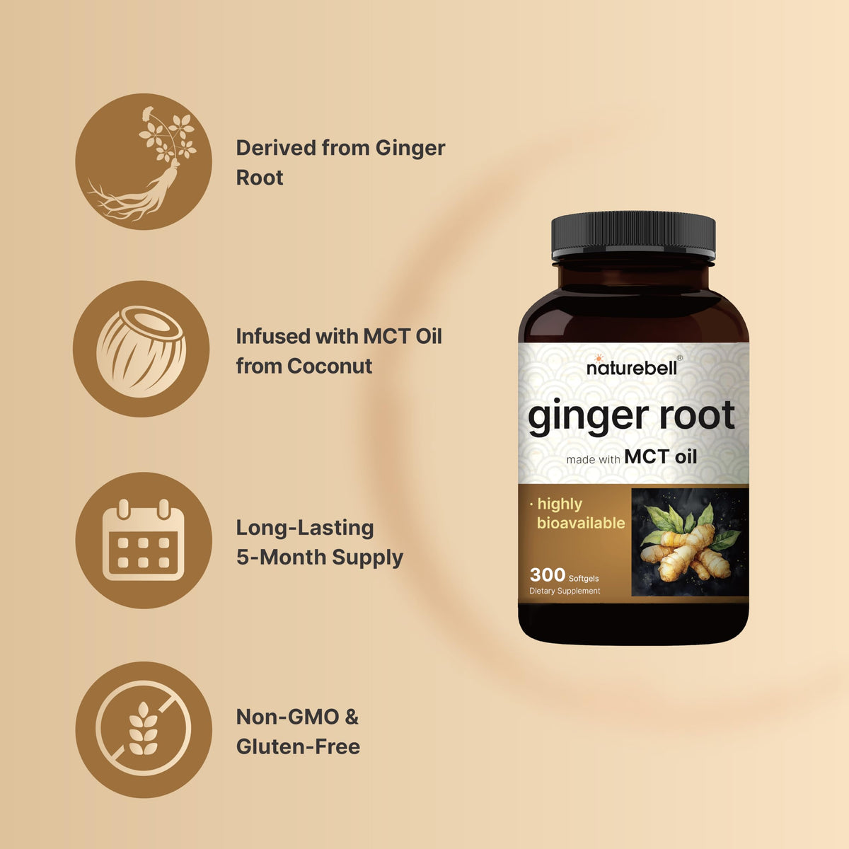 NatureBell Ginger Softgels with coconut medium chain triglycerides oil ingredients panel view