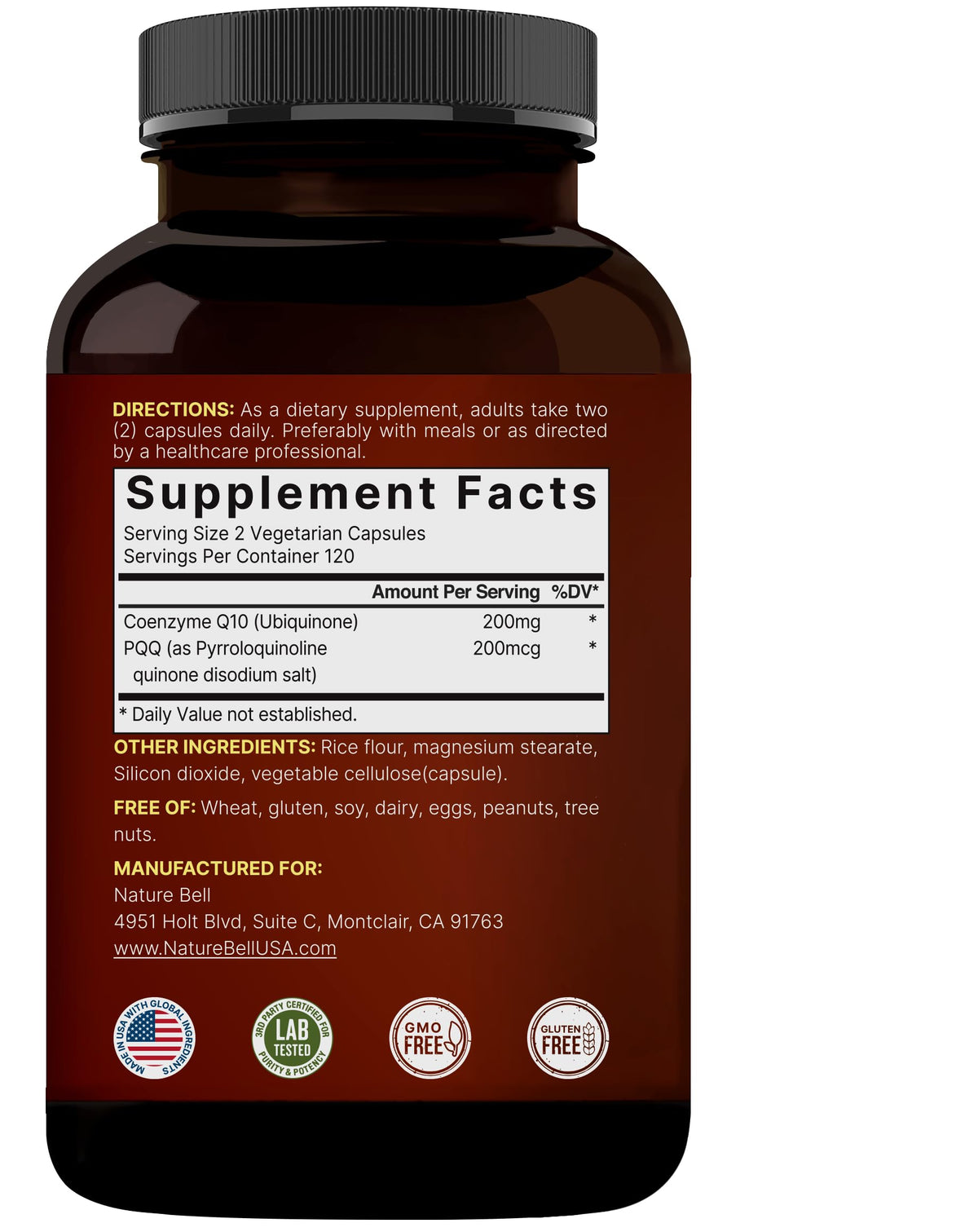 Authentic NatureBell Coenzyme Q10 showing seal of quality and brand safety features.