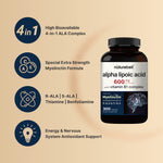 Side angle of NatureBell 4-in-1 Alpha Lipoic Acid dietary supplement highlighting the non-GMO and gluten-free seals