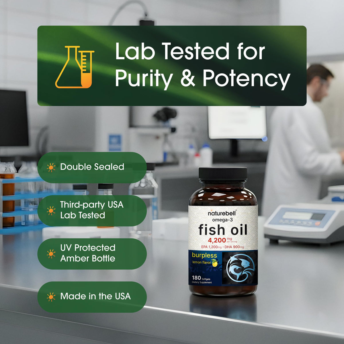 NatureBell omega three fish oil bottle showing non GMO and mercury free seals